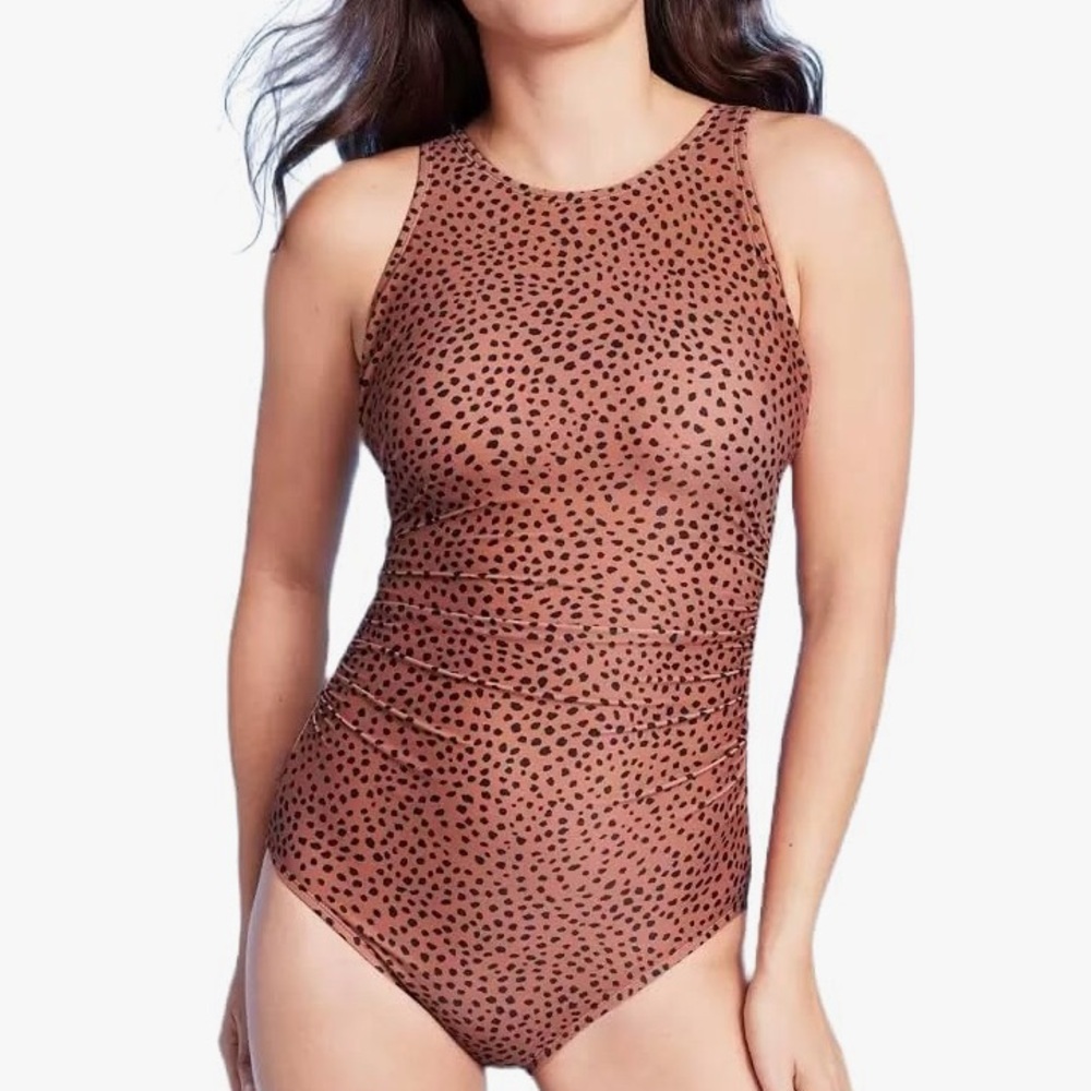 Kona Sol Size Brown Cheetah Print High Neck Ruched One Piece Swimsuit 14/17 NEW
